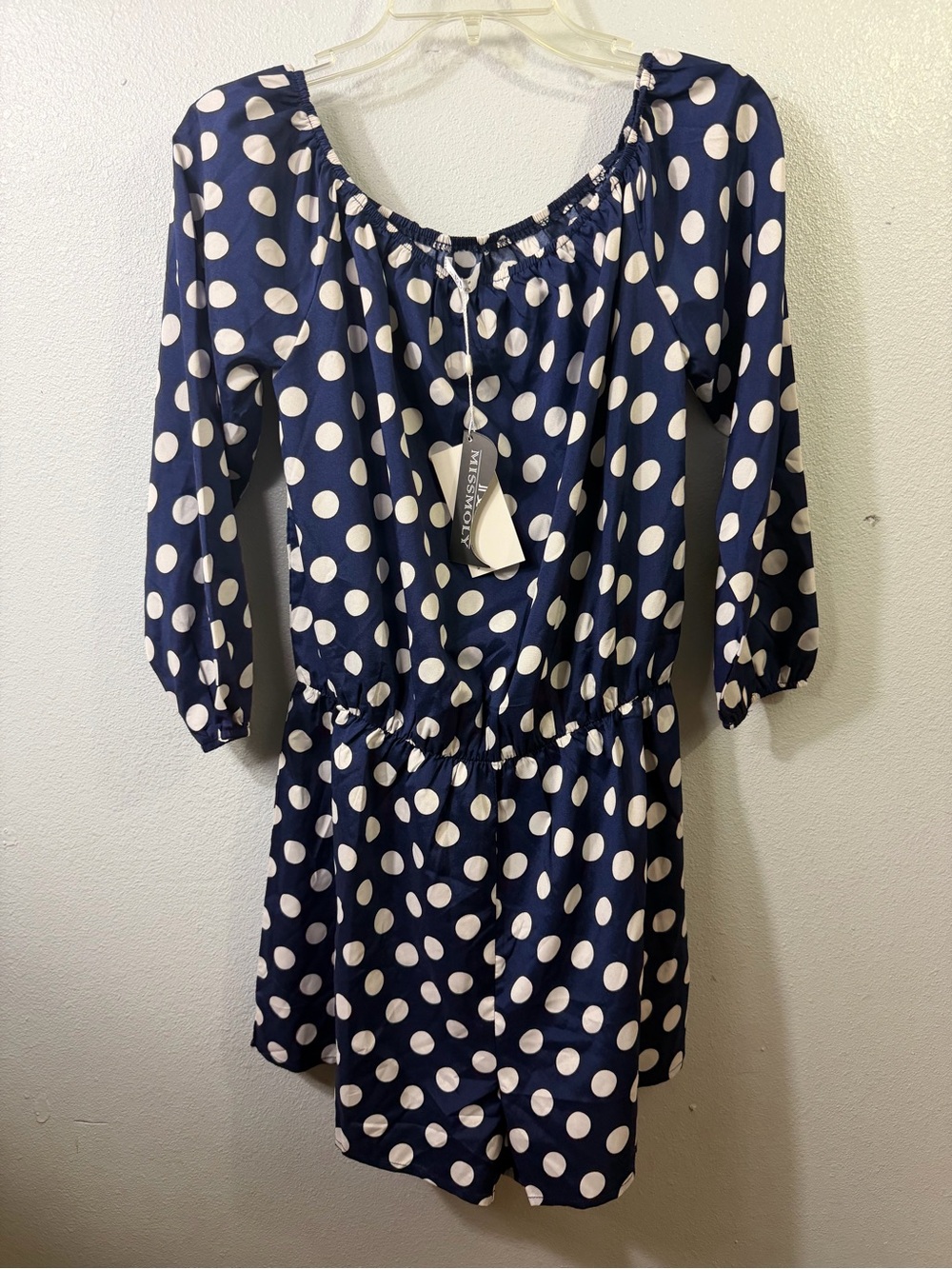 Navy Polka Dot Off-Shoulder Romper by MissMoly